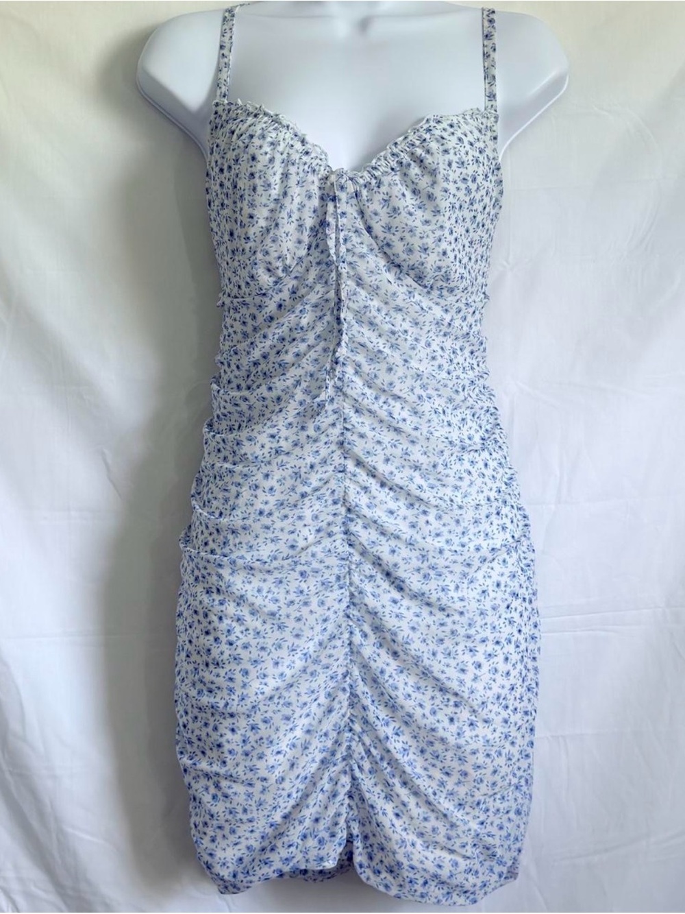 h&m blue floral ruched mini dress